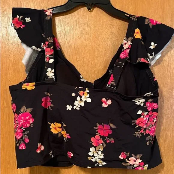 Land's End ruffle V-neck plus size black meadow floral midkini top adjust 18W - Picture 5 of 7